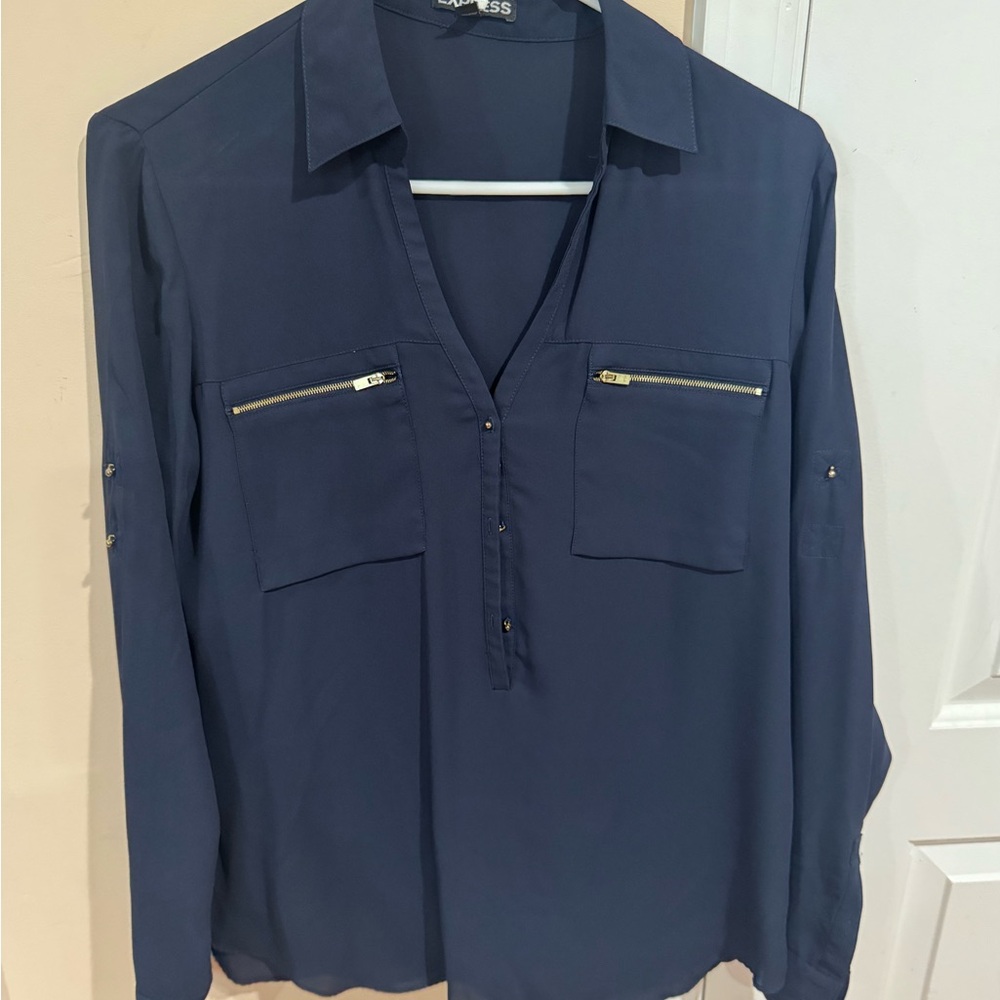 Express Women's Navy Blouse with Gold Zipper Details - Picture 6 of 13